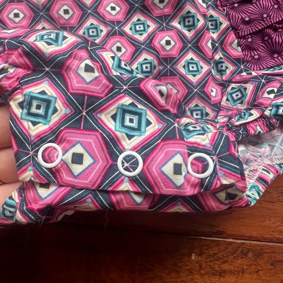 Ricrac &Ruffles Girls 12m Purple Pink Geometric Summer Bubble Romper Ruffle - Picture 3 of 7
